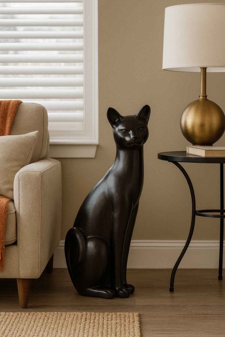 Statuette chat noir en pierre 58 cm (Mise en situation générée par IA à titre indicatif - non contractuel )
