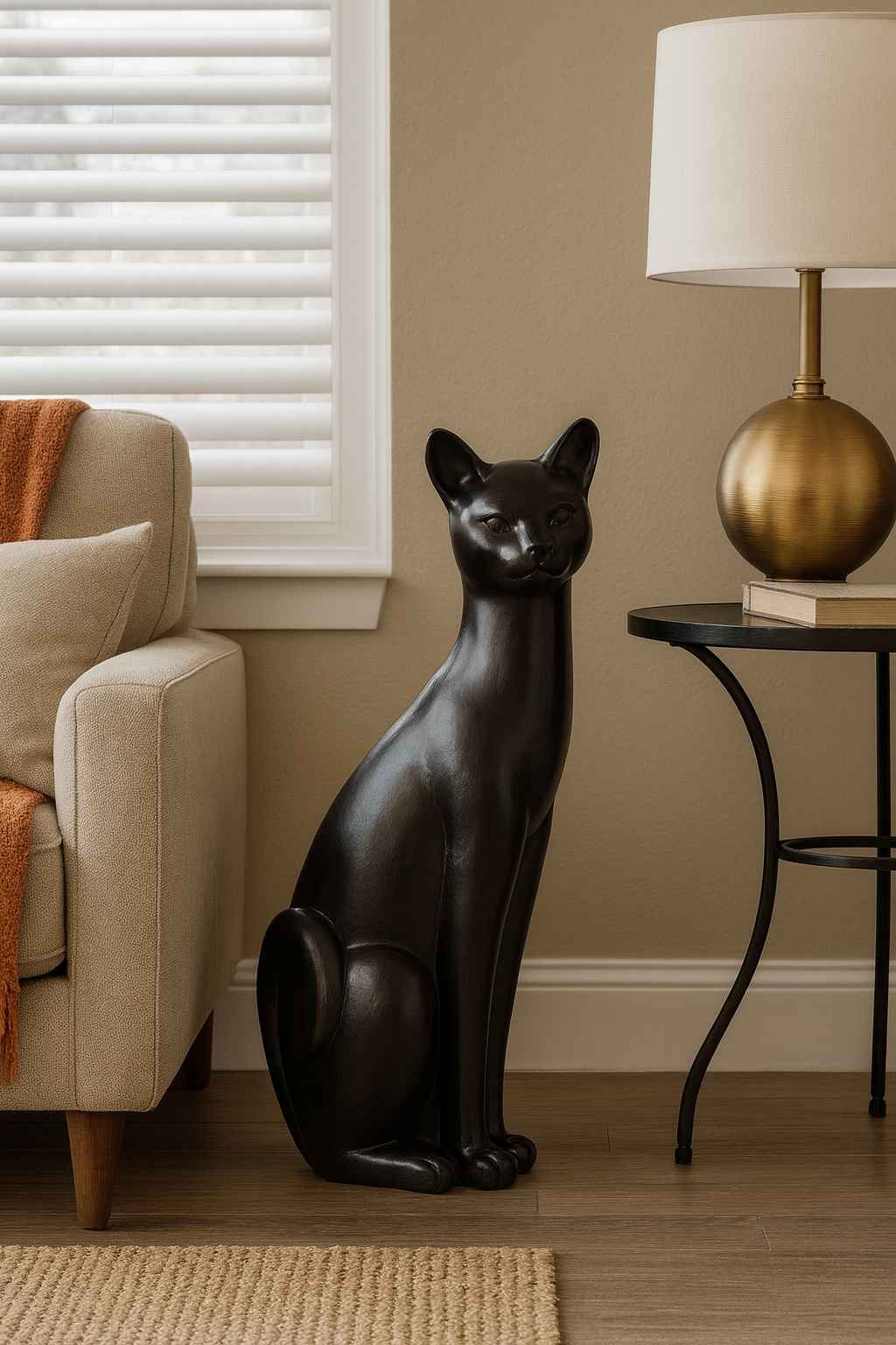 Statuette chat noir en pierre 58 cm (Mise en situation générée par IA à titre indicatif - non contractuel )