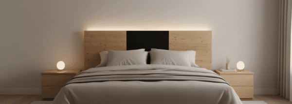 Image principale de la tête de lit en chêne massif et épicéa Bicolore BCL, présentant un design élégant avec finition vieux bois et noir.