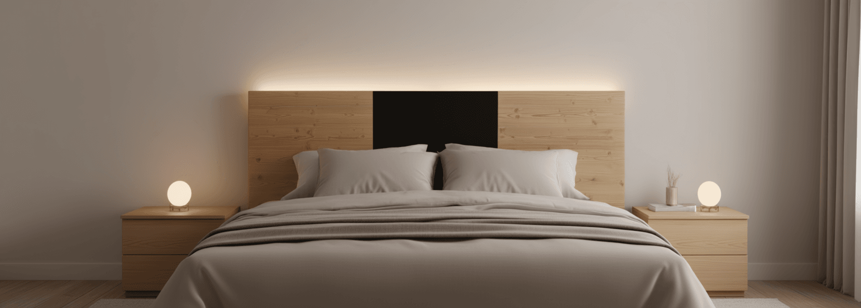Tête de lit en chêne massif et épicéa Bicolore - Lrg 90 à 180 cm x Ep. 6 x Ht 125 cm 4 Image principale de la tête de lit en chêne massif et épicéa Bicolore BCL, présentant un design élégant avec finition vieux bois et noir.