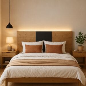 Tête de lit en chêne massif et épicéa Bicolore intégrée dans une décoration scandinave BCL-4-g