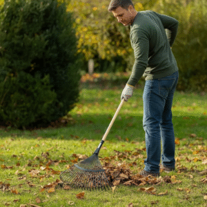Balai à feuilles métal 22 dents avec manche bois verni 1,50 m en cours d'utilisation