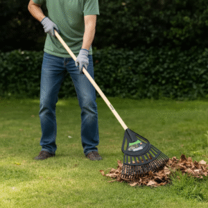 Balai à gazon plastique 64 cm manche bois en cours d'utilisation