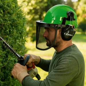 Casque de protection 3 en 1 avec visière grillagée et oreillettes antibruit, modèle PRPROTC3EN1, en utilisation extérieure