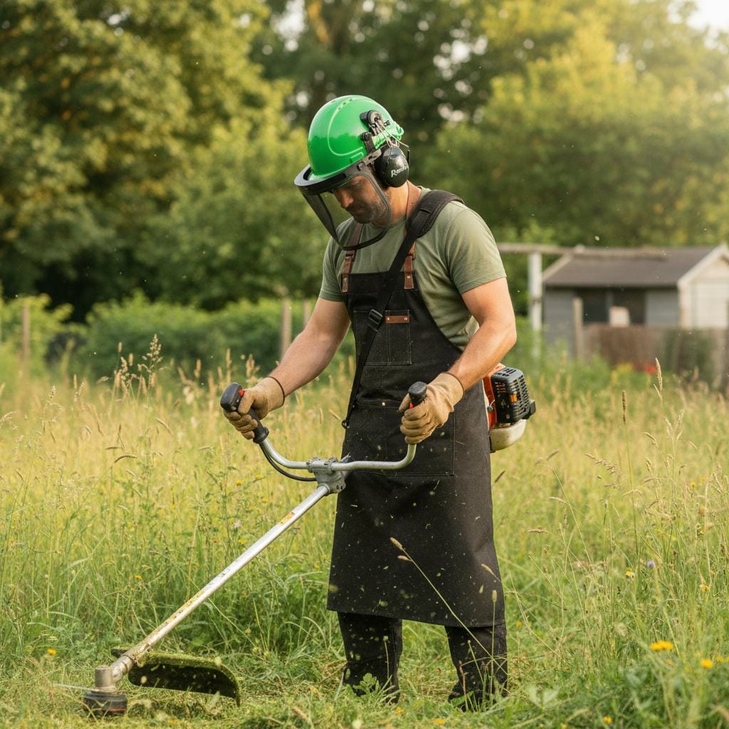 Casque de protection 3 en 1 - Ribimex 5 Casque de protection 3 en 1 avec visière grillagée et oreillettes antibruit porté par une personne lors de travaux de jardinage - PRPROTC3EN1