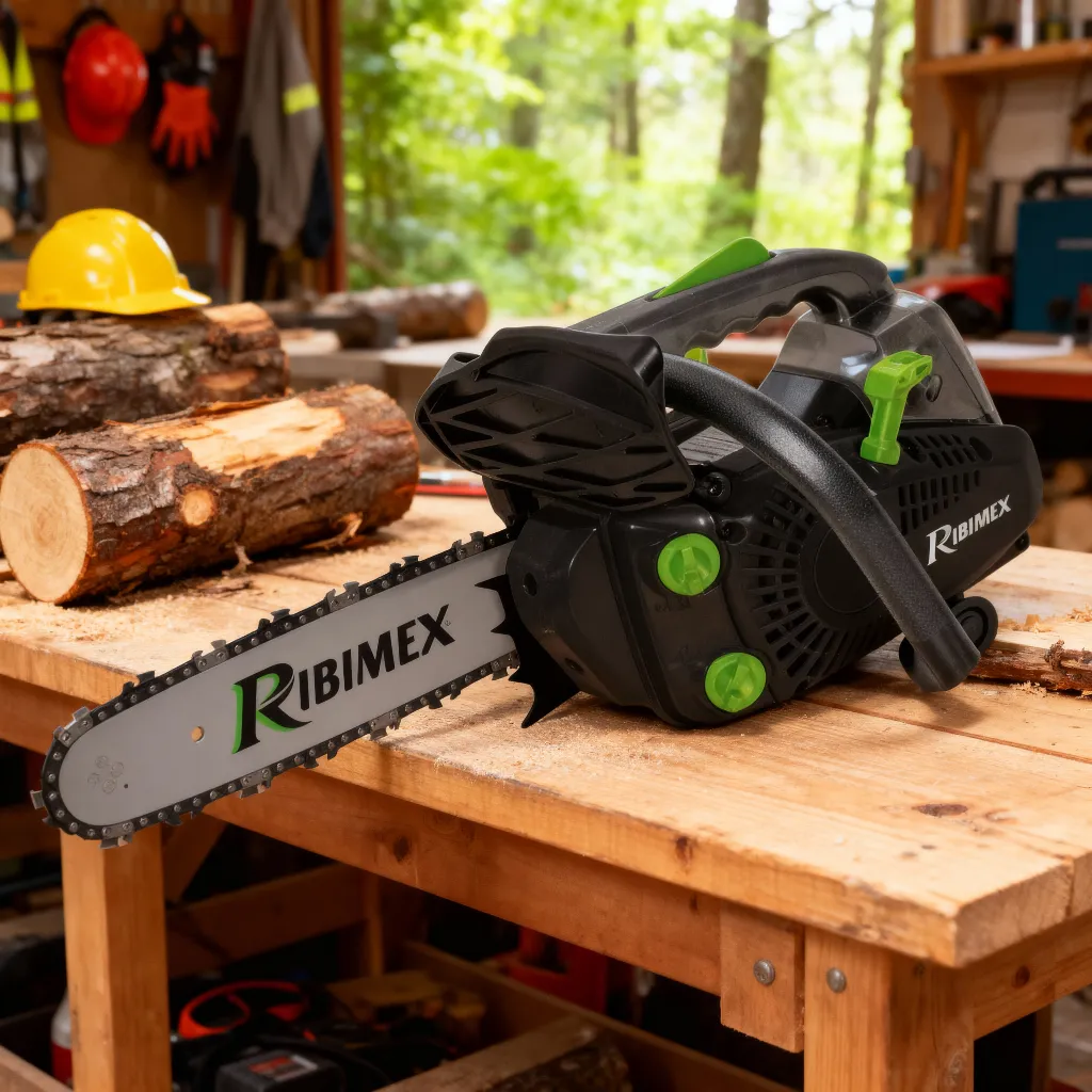 La tronçonneuse élagueuse thermique 25.4 cc RIBIMEX PRTRT3002 est présentée sur un établi, montrant son design compact et ses détails ergonomiques, idéale pour des travaux d'élagage professionnels.