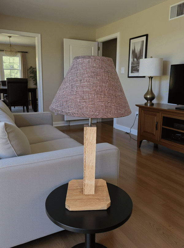 Lampe de chevet bois massif en chêne Finette posée sur une table d'appoint dans un salon