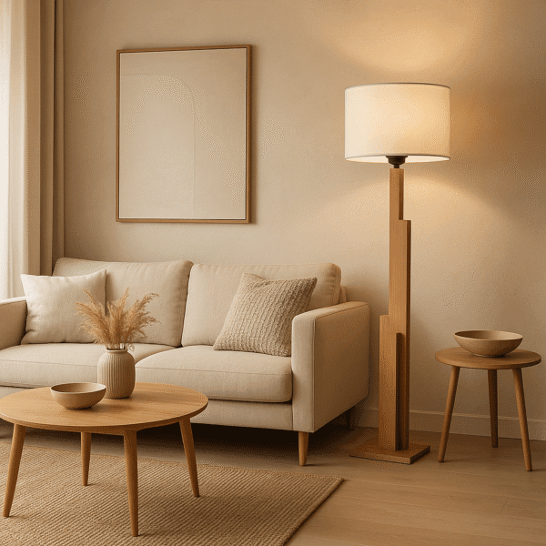 Image principale du lampadaire design en bois chêne massif Tower, référence MTR-GTWR. Représentation dans un salon moderne montrant la qualité du bois.