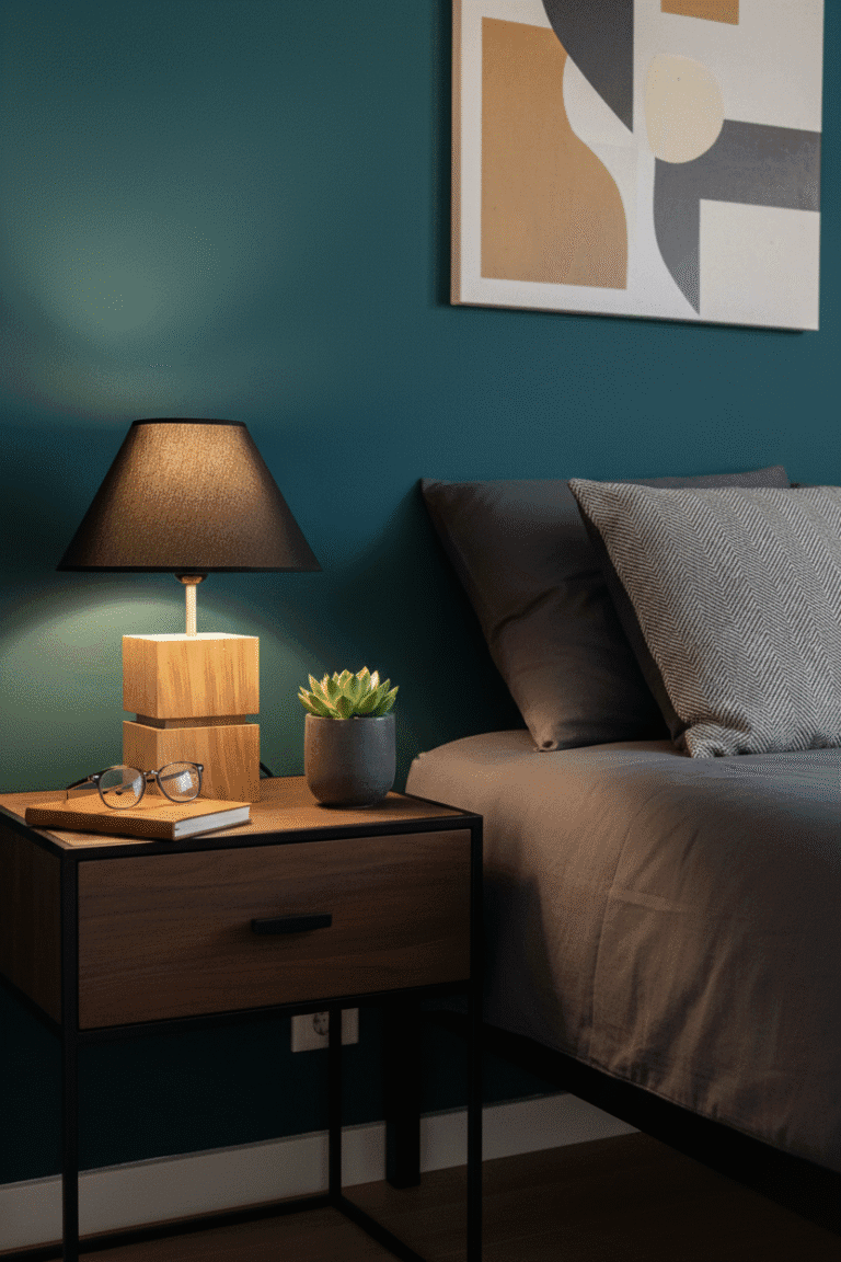 Lampe de chevet artisanale en chêne massif sur une table de nuit dans une chambre moderne - MTR-KBE