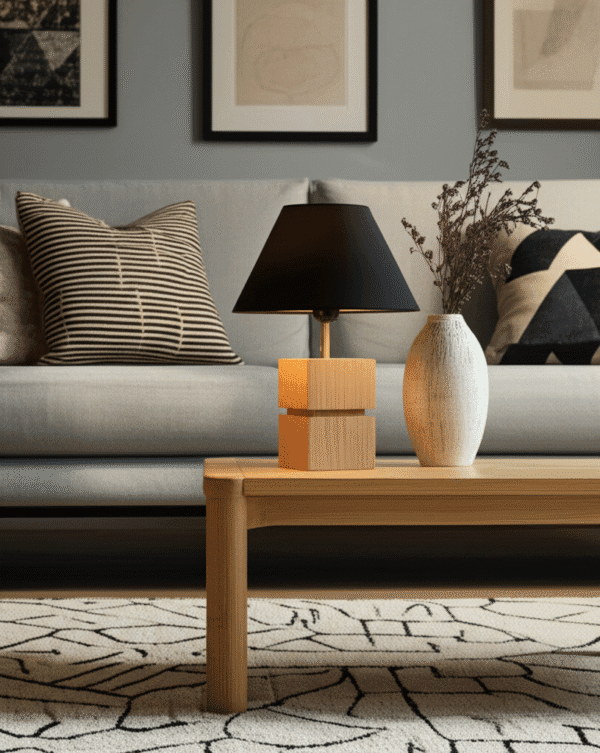 Lampe de chevet artisanale en chêne massif Kube MTR-KBE mise en situation dans un salon moderne.