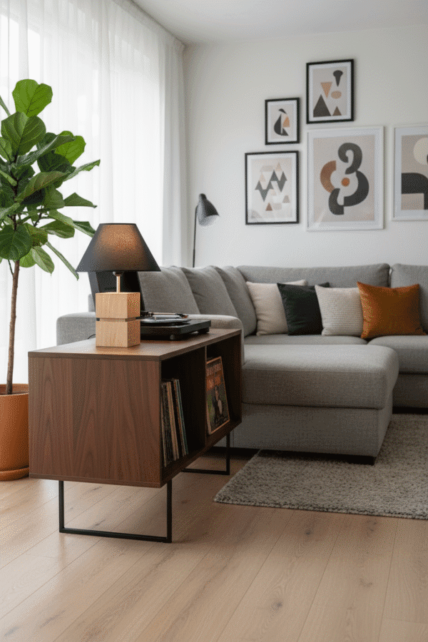 Lampe de chevet artisanale en chêne massif Kube en situation dans un salon contemporain avec un canapé et des décorations murales, référence MTR-KBE