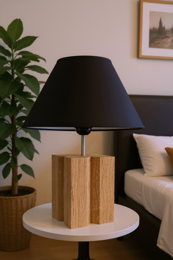 Lampe de chevet bois chêne massif Origine sur table de nuit