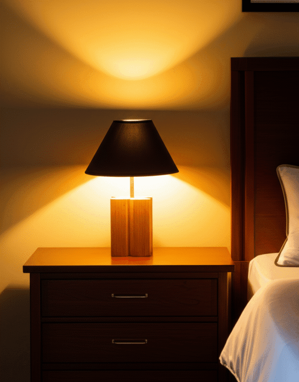 Lampe de chevet bois chêne massif Origine MTR-ORG image principale, mise en situation sur une table de nuit