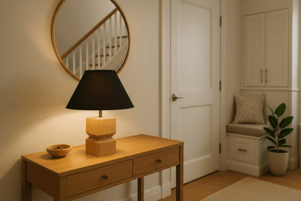Lampe de chevet artisanale en bois chêne massif Sablier MTR-SBR sur une table, avec abat-jour noir, dans un hall d'entrée lumineux. Illustration générée non contractuelle.