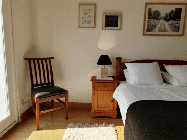 Lampe de chevet artisanale en bois chêne massif sur table de nuit dans chambre lumineuse
