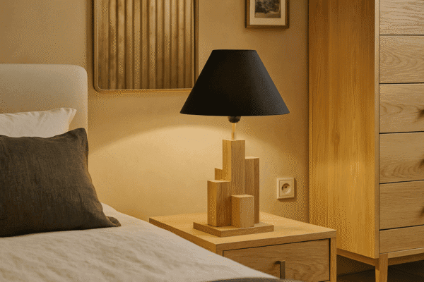 Lampe de chevet design bois chêne massif Tower, image principale avec vue d'ensemble mise en situation dans une chambre.