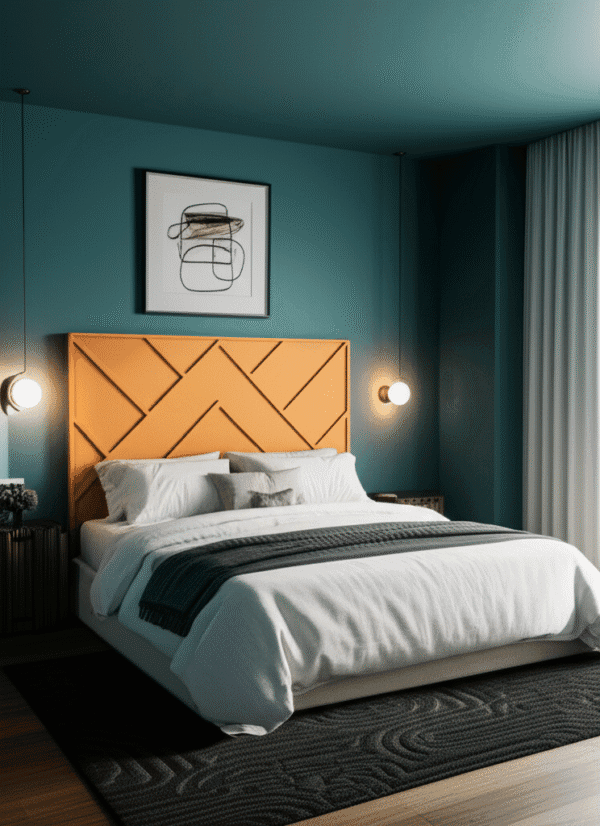 Image principale de la tête de lit bois sculpté Pic du Midi PDM en situation de chambre, illustration de l'élégance du design géométrique et du coloris terracotta tendance. PDM-3-g