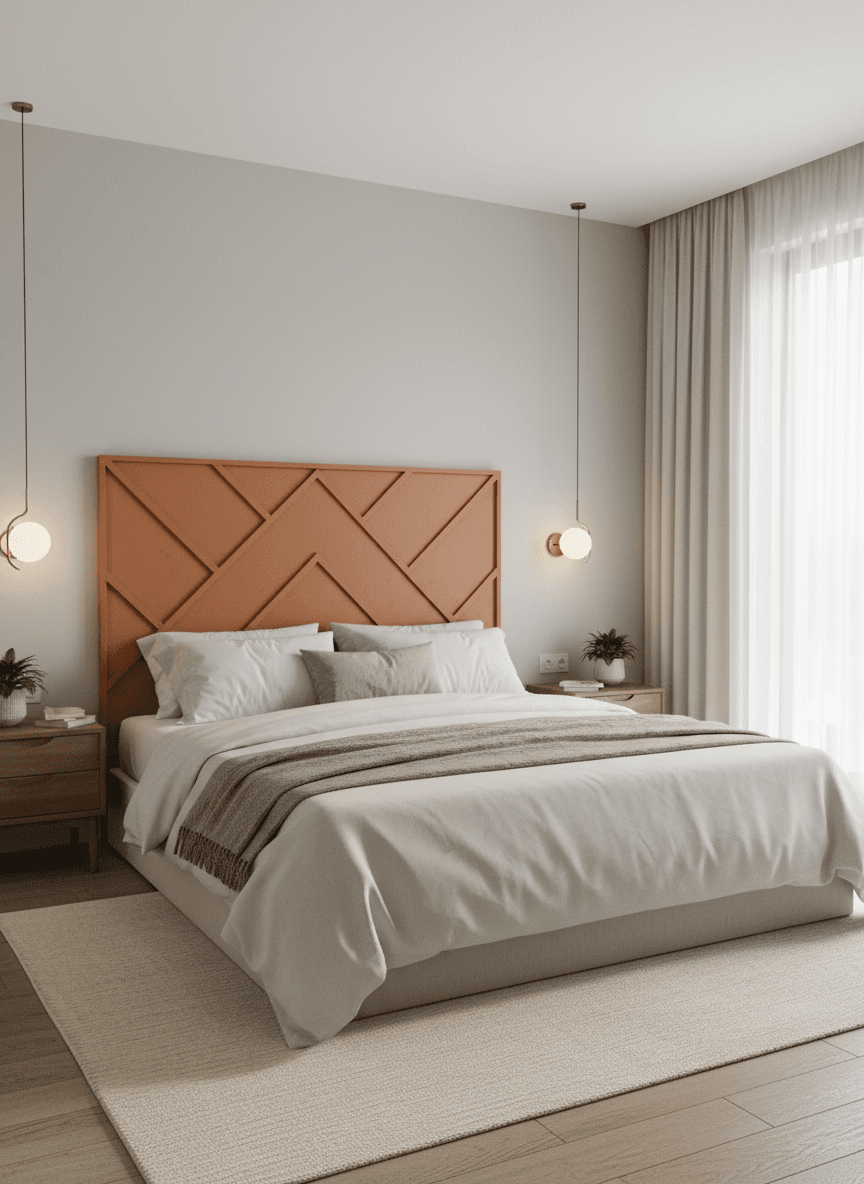 Tête de lit bois sculpté Pic du Midi - Lrg 90 à 180 cm x Ep. 6 x Ht 125 cm 7 Tête de lit bois sculpté Pic du Midi PDM en situation de chambre, illustration de l'élégance du design géométrique et du coloris terracotta tendance.