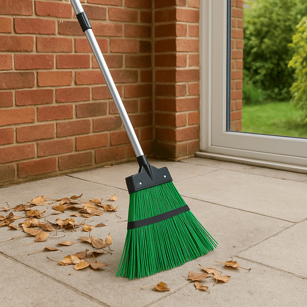 Balai à manche télescopique 95-135 cm - Ribimex 2 Balai à manche télescopique RIBIMEX PRBAL posé contre un mur en briques, illustrant sa légèreté et son design ergonomique.