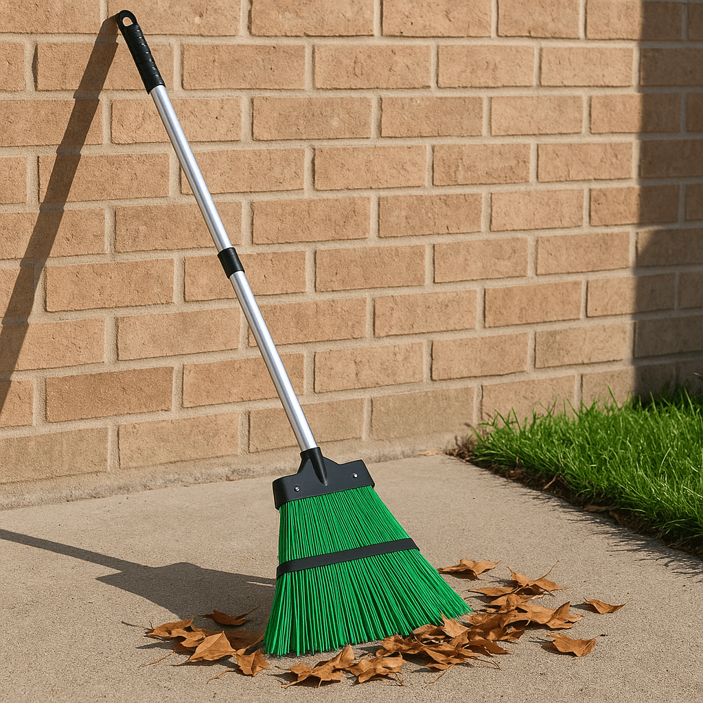 Balai à manche télescopique 95-135 cm - Ribimex 3 Balai à manche télescopique PRBAL posé contre un mur avec des feuilles sur le sol.
