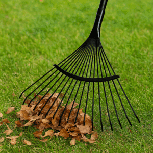 Balai à feuilles en acier RIBIMEX PROJBFA22 avec 22 dents sur gazon, illustration de pratique de ratissage