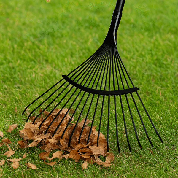 Balai à feuilles en acier RIBIMEX PROJBFA22 avec 22 dents sur gazon, illustration de pratique de ratissage
