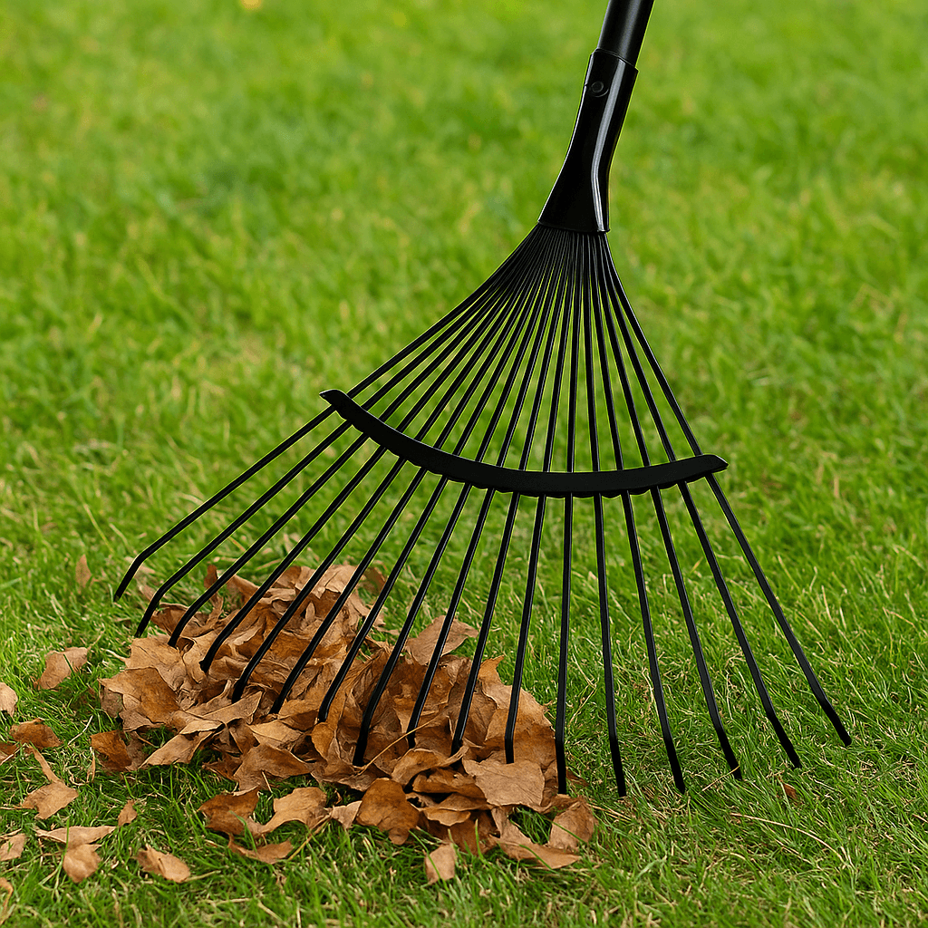 Balai à feuilles en acier 22 dents - Ribimex 5 Balai à feuilles en acier RIBIMEX PROJBFA22 avec 22 dents sur gazon, illustration de pratique de ratissage