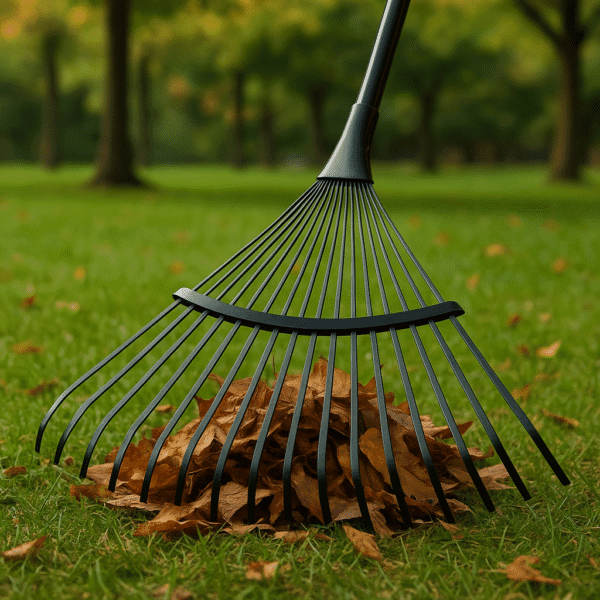 Balai à feuilles en acier PROJBFA22 montrant l'action de ramassage des feuilles sur la pelouse