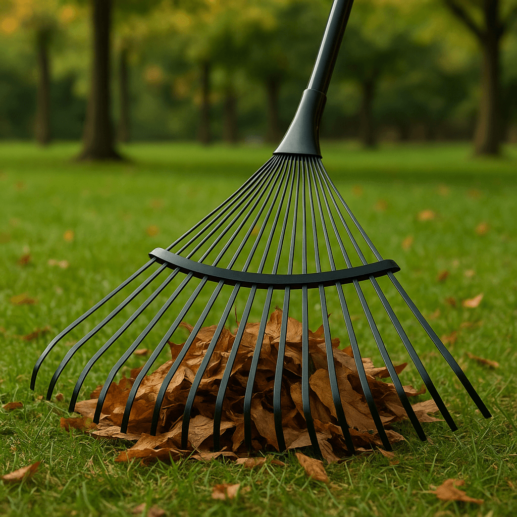 Balai à feuilles en acier 22 dents - Ribimex 3 Balai à feuilles en acier PROJBFA22 montrant l'action de ramassage des feuilles sur la pelouse