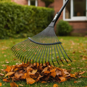 Balai à feuilles en acier 22 dents - Ribimex 3 Balai à feuilles en acier PROJBFA22 montrant l'action de ramassage des feuilles sur la pelouse