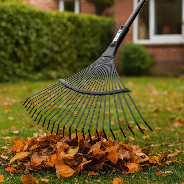 Balai à feuilles en acier PROJBFA22 montrant l'action de ramassage des feuilles sur la pelouse