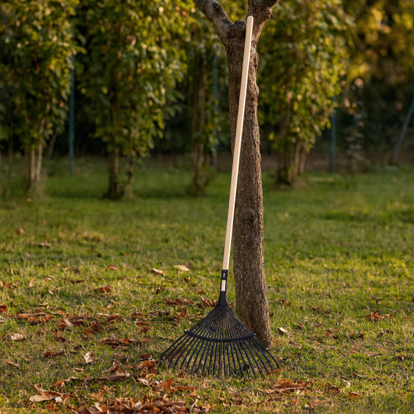 Balai à feuilles métal 22 dents avec manche bois verni PROJBFA22/MB sur une pelouse avec feuilles automnales