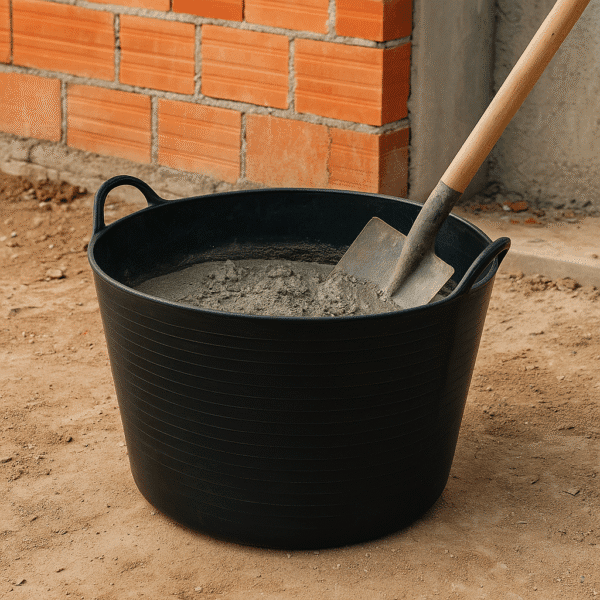 Seau de jardin flexible PRSACB42 avec poignées, montrant une utilisation sur chantier avec truelle.