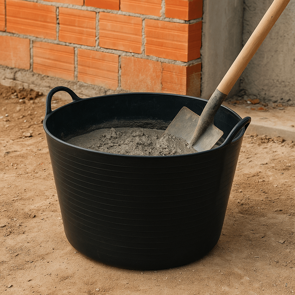 Seau de jardin souple rond 42L - Ribimex 6 Seau de jardin flexible PRSACB42 avec poignées, montrant une utilisation sur chantier avec truelle.