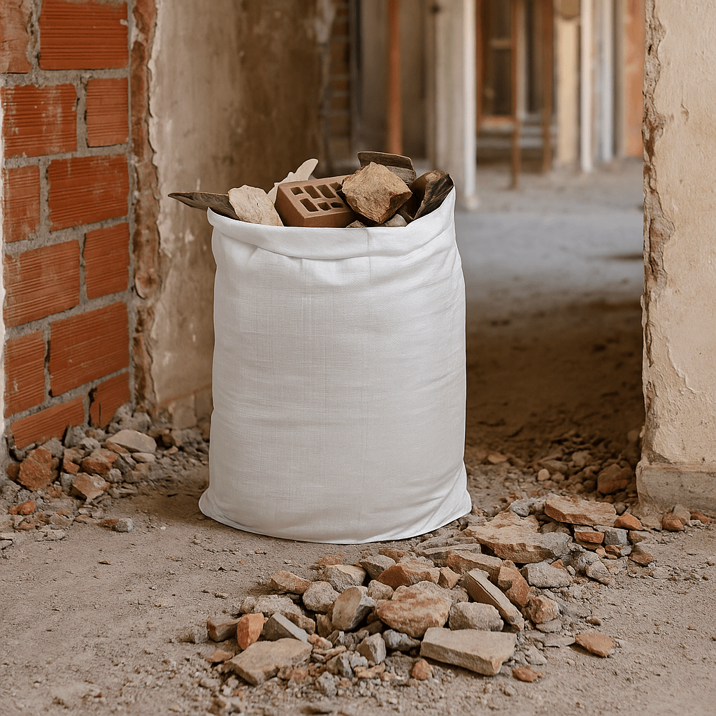 Sac pour gravat 50 kg 70 L - Lot de 5 - Ribimex 3 Image principale d'un sac pour gravat rempli de matériaux de construction dans un environnement de chantier
