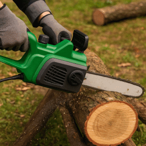 Tronçonneuse électrique filaire PRTRE351 utilisée pour couper du bois