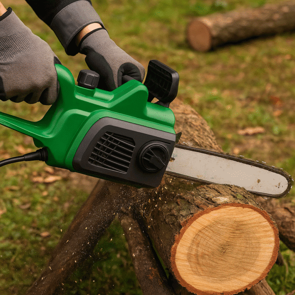 Tronçonneuse électrique filaire PRTRE351 utilisée pour couper du bois