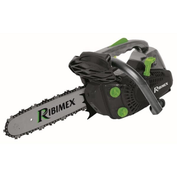 Image principale de la tronçonneuse élagueuse thermique RIBIMEX PRTRT3002 montrant le design compact avec guide-chaîne et poignée ergonomique.
