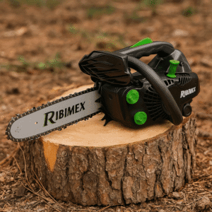 Tronçonneuse élagueuse thermique PRTRT3002 posée sur une souche de bois, vue principale pour le produit.