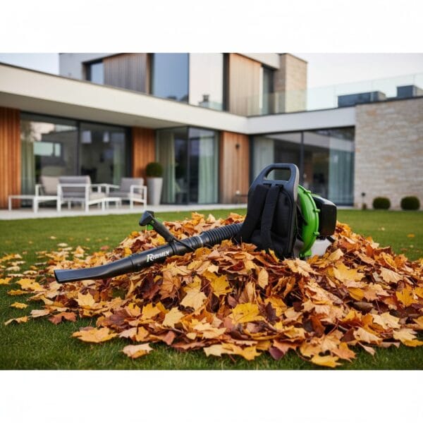 Souffleur à dos thermique 52 CC PRASBTD52 - Ribimex - Visuel commercial, posé sur un tas de feuilles