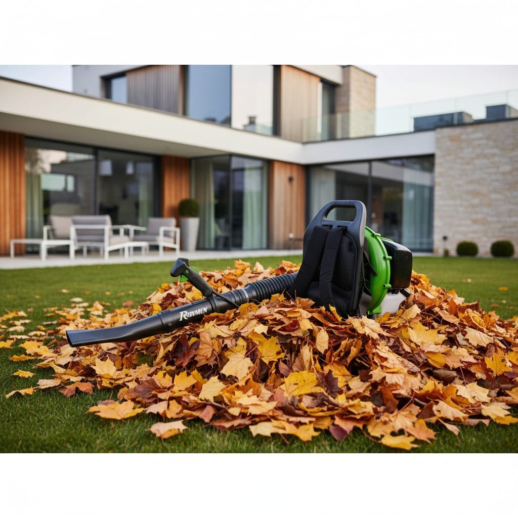 Souffleur à dos thermique 52 CC PRASBTD52 - Ribimex 5 Souffleur à dos thermique 52 CC PRASBTD52 - Ribimex - Visuel commercial, posé sur un tas de feuilles