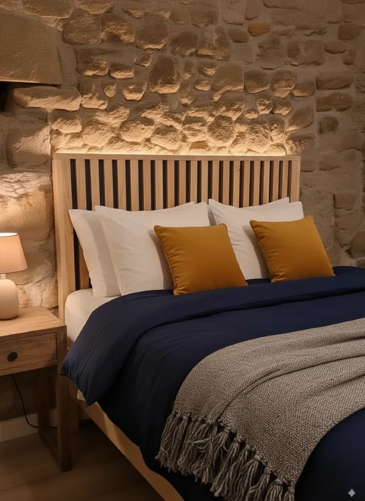 Tête de lit tasseaux verticaux TSX - Lrg 90 à 180 cm x Ep. 6 x Ht 125 cm 10 Tête de lit tasseaux verticaux 140 cm en épicéa et chêne massif avec lumière LED au-dessus, ambiance chambre cosy