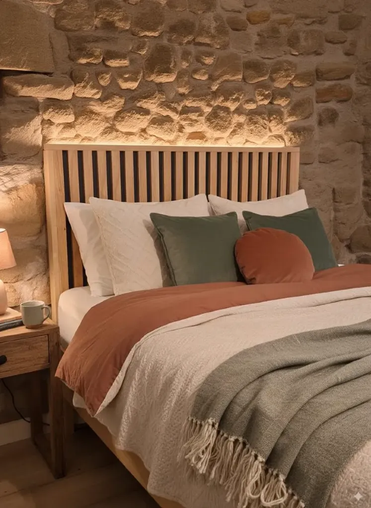 Tête de lit tasseaux verticaux TSX - Lrg 90 à 180 cm x Ep. 6 x Ht 125 cm 8 Tête de lit tasseaux verticaux 140 cm en épicéa et chêne massif avec lumière LED au-dessus, ambiance chambre rustique