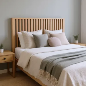 Tête de lit tasseaux verticaux 160 cm en épicéa et chêne massif avec lumière LED au-dessus, ambiance chambre bohème chic
