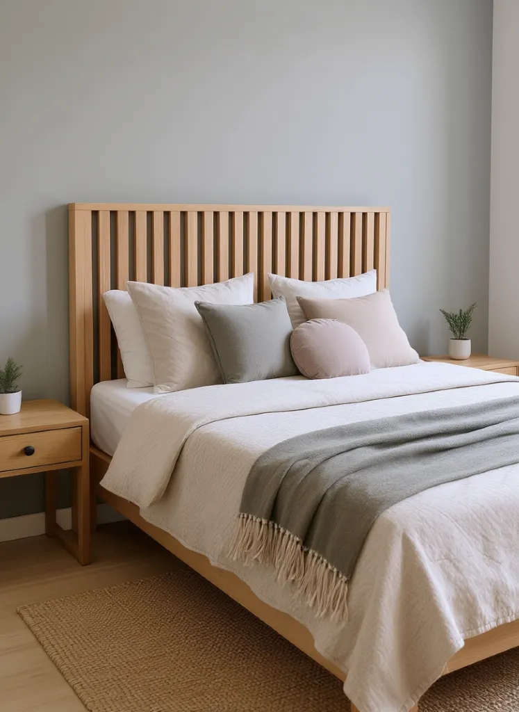 Tête de lit tasseaux verticaux TSX - Lrg 90 à 180 cm x Ep. 6 x Ht 125 cm 9 Tête de lit tasseaux verticaux 160 cm en épicéa et chêne massif avec lumière LED au-dessus, ambiance chambre bohème chic