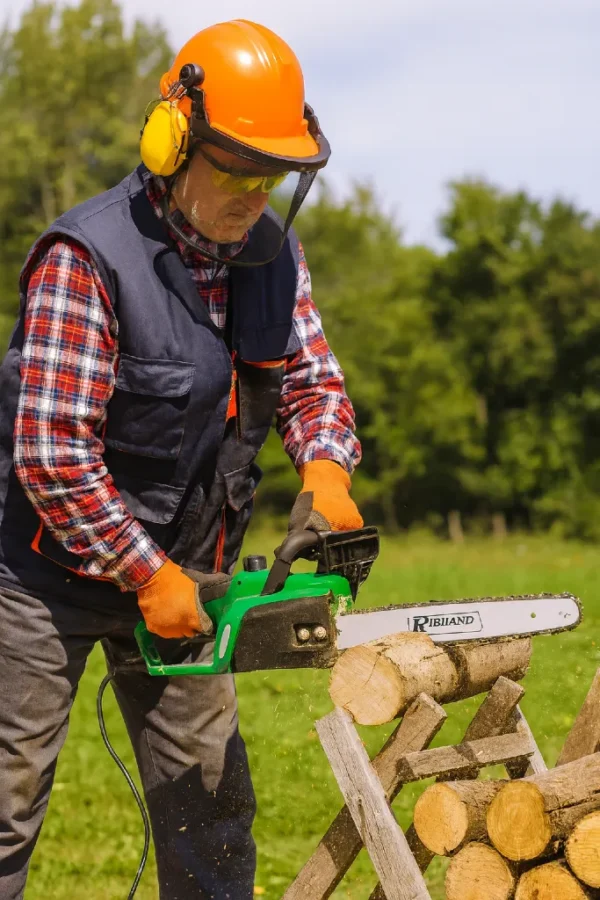 Tronçonneuse filaire RIBIMEX PRTRE451 en action sur un tronc d'arbre, montrant la puissance et la précision de la coupe.
