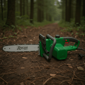 Tronçonneuse filaire RIBIMEX PRTRE451 posée au sol dans une forêt