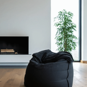 Coussin pouf géant tissu Mouton Anthracite installé dans un salon contemporain