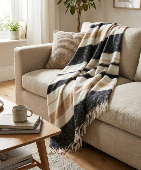 Plaid rayé noir blanc beige C0236RAYE sur un canapé, image principale