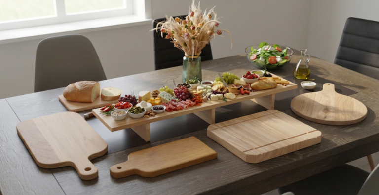 Les planches - visuel représentant toutes les planches que nous proposons : planche apéro, planche à découper, planche à pizza, planche à raclette, dessous de plat